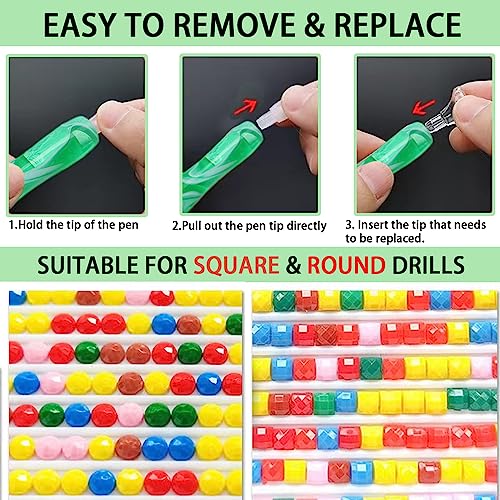 Liccyy 14 Pcs Diamond Painting Pens Tools With Wheel For Square & Round Gem,Resin 5D Gem Art Pens Tips Accessories Comfort Grip Ergonomic Drill Pen, Green (1 Pen+1 Roller+6 Pen Tips+6 Wax) #TOP3