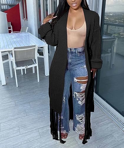 SOMTHRON Women's Long Cardigan Sweaters Tassel Fringe Open Front Maxi Knit Loose Winter Fall Coats Outwear with Belt2
