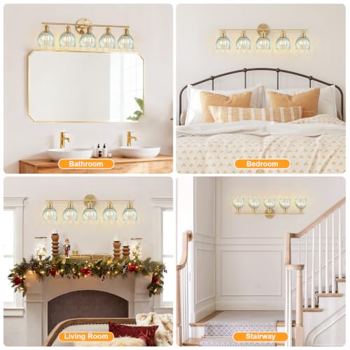 Image of Bathroom Light Fixtures, 5-Light Brushed Gold Vanity Lights for Bathroom with Blue Tulip Glass Shade, 30 inch Vintage Bathroom Vanity Lighting Fixtures Over Mirror for Bedroom Living Room Hallway