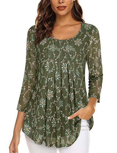 Timeson Tunics For Women To Wear With Leggings,Ladies Tops And Blouses 3/4 Sleeve Dressy Long Shirts For Business Casual Floral Office Work Fancy Tops Plus Size Swing Spring Peasant Moss Green Xxl #TOP7