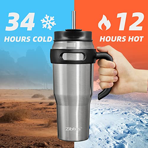 Zibtes 40Oz Insulated Tumbler With Lid And Straws, Stainless Steel Double Vacuum Coffee Tumbler With Handle, Keeps Drinks Cold Up To 34 Hours Or Hot For 12 Hours(Stainless Steel 1 Pack) #TOP1
