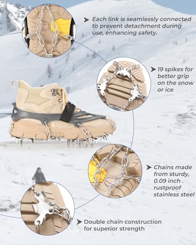 Sportneer Ramponi da Ghiaccio a trazione, 19 Denti 201 Inox Copertura Antiscivolo per Scarpe da Neve, ramponi per scarponi, Protezione sicura per Camminare, Jogging, Pesca, Camp