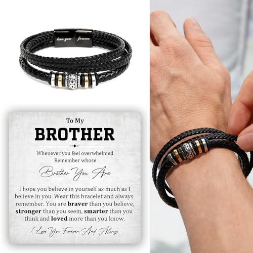 To My Brother Bracelet, Brother Bracelet From Sister, Brothers Bracelets Gift, Braided Leather Stainless Steel Bracelets Gifts For Brothers With Message Card & Box For Wedding Birthday Christmas3