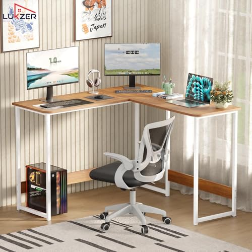 Image of Lukzer Engineered Wood L-Shaped Corner Study and Computer Laptop Table for Home or Office | MST-007 /White & Oak Brown | Multi-Functional Sturdy Gaming Station and WFH Desk with Metal Frame