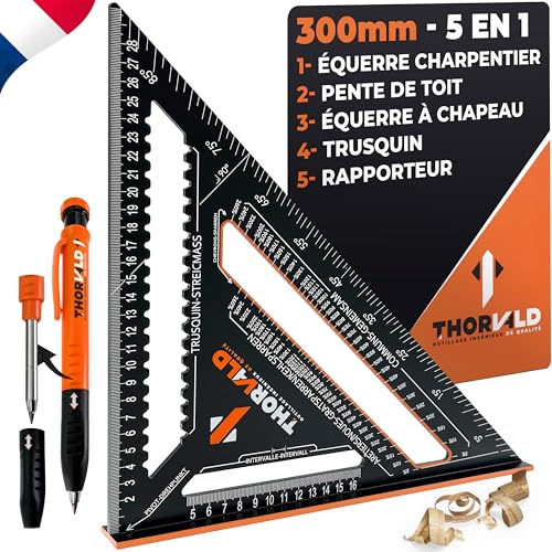 THORVALD 5 en 1 Equerre Menuisier Charpentier 300 mm + Crayon Chantier - Multifonction : Trusquin/Raporteur/Coupe de Chevron/Equerre a chapeau - Aluminium -...