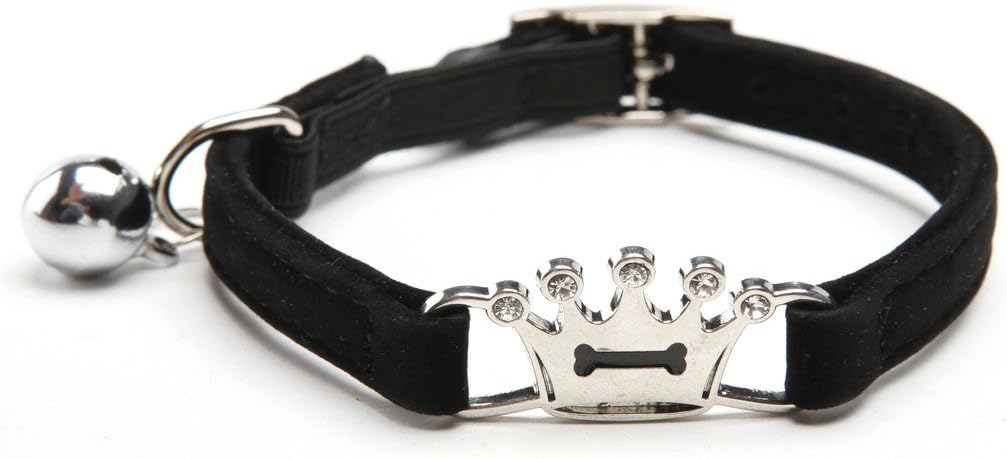A Kitty Black Designer Crown Cat Collar with Safety Belt and Bell 8-11 Inches