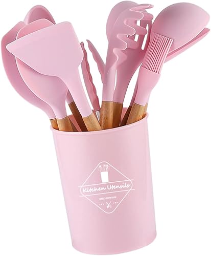 Miniatura 6 de Kitchen Utensils Set, 11Pcs Silicone Cooking Utensils Set with Sturdy Wooden Handle Heat Resistant Spatula Set for Nonstick Cookware(Pink)
