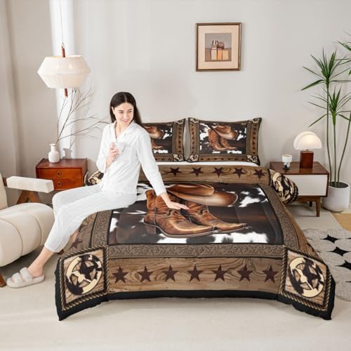 Manfei Western Cowboy Comforter Set King Size,Western Texas Star Wooden