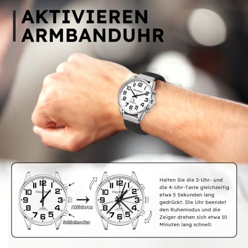Hearkent Sprechende Uhr mit Deutscher Stimme und großen Zahlen, Selbsteinstellend für Sehbehinderte,Blinde oder Senioren Armbanduhr, Herrengröße (Nylon Schwarz)