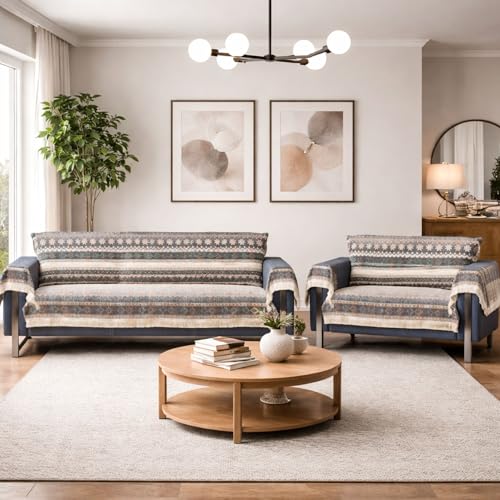 Image of Elegant Woven Grey Sofa Cover - Soft Chenille Traditional Pattern with Lace Style | L-Shape Sectional Seat Protector for Living Room | Durable & Stylish Slipcover 3+2 Seater with Arms