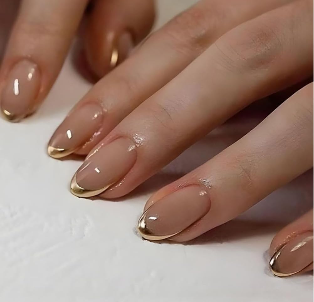 SK FLORA Artificial fake Press On Nails Art Set (Set Of 20) Reusable Nails Extension BridalNails Stick-On Nails Manicure Art Set AcrylicNails False Nails DesignerNails | Nail Glue Nail file cuticle pusher cleaning wipe | Glossy Nude Golden French Shape Oval-image-20