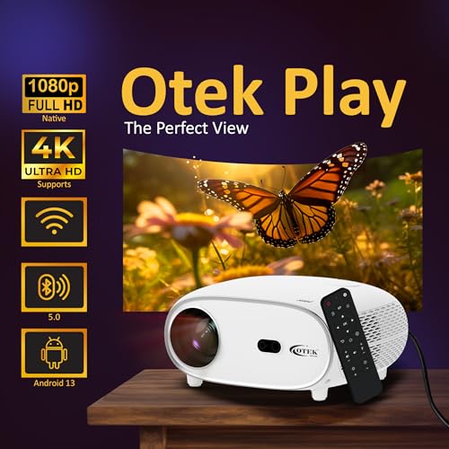 Image of OTEK Play Smart Projector, Android 13, 1080P Native, 4K Support, 7500 Lumens, Auto Focus & Keystone, WiFi & Bluetooth, 5W Speaker, Portable Home Theater Cinema, White
