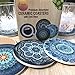 Kooalo Drink Coasters - Unique Set of 6 Absorbent Ceramic Coasters for Protecting Furniture, Table or Bar, Blue Mandala Fractals, 4.25 inches