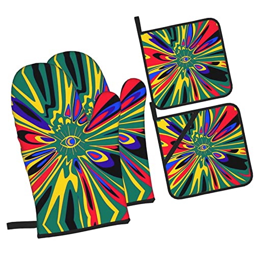 Guantes de horno para sartenes, manoplas de impresión de olas solares y soportes para ollas, 4...