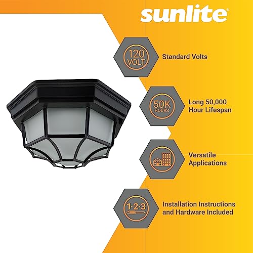 Sunlite 87787 12” Led Octagonal Outdoor Wall Or Ceiling Flush Mount Light Fixture, Cct 30K/40K/50K, 17 Watts, 800 Lumens, 120V, Dimmable, Etl Listed, Black Cast Aluminum With Frosted Glass #TOP3