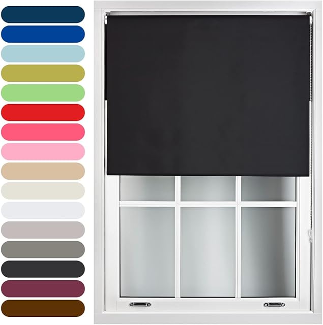 FURNISHED Roller Blinds Thermal Blackout Roller Blind - Trimmable Insulated UV Protection Child Safe Easy Fit Home Office Window Blinds, Black, 60cm x 165cm