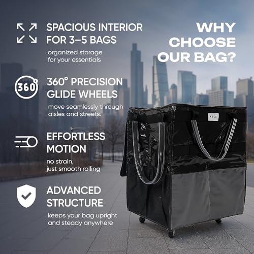 KELN Rolling Tote Bag on Wheels – Heavy Duty 76 lbs Foldable Shopping Cart, Collapsible Grocery Cart with Wheels – Waterproof Zipper Top – Black Premium Tote, 23.5″×15.5″×26″ by KELN - Image 6