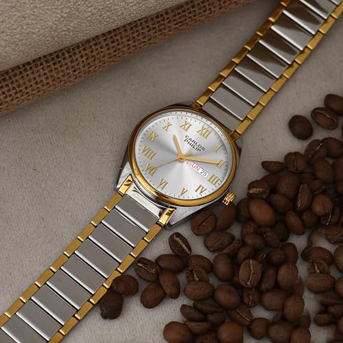 Image of Carlos Philip Men's Roman Numeral Analog Watch - Day and Date Display, Stainless Steel Strap, Quartz Movement, Business Style Watch for Men
