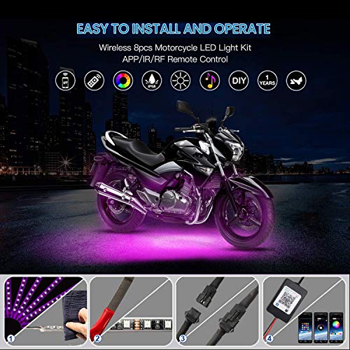 Hyb 8Pcs Motorcycle Led Light Kits Smart Brake Underglow Neon Ground Effect Atmosphere Light Strips With Bluetooth App Ir And Rf Wireless Remote Controllers For Motorcycles Trikes Golf Carts Atvs Utvs #TOP4