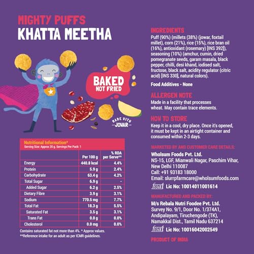 Image of Slurrp Farm Mighty Jowar Puffs | Khatta Meetha, Mild Masala, Cheddar Cheese, Tangy Tomato, Choco Ragi, Cheese & Herbs | Not Fried, No Maida | Healthy Snack for Kids and Travel Friendly | 9 x 20g