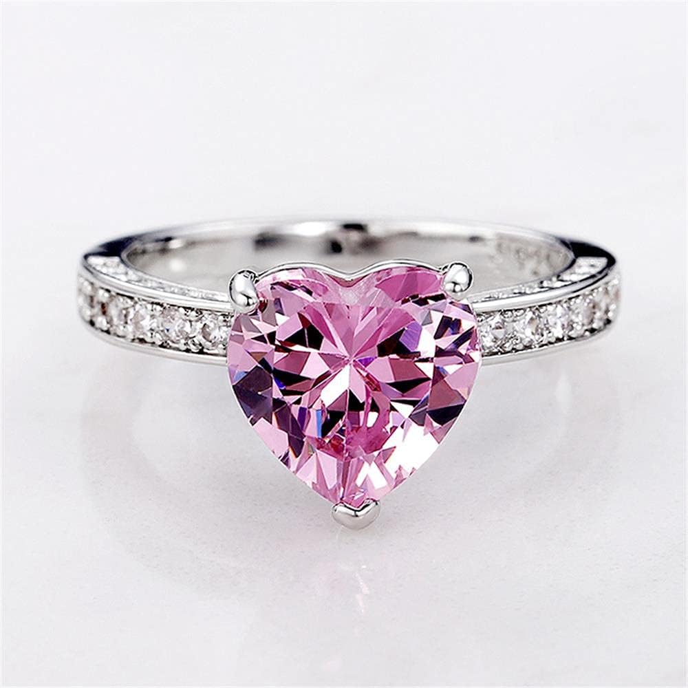 925 Sterling Silver Shiny Full Diamond Heart-Shaped Pink Gemstone Ring Cubic Zirconia Rings CZ Diamond Ring Eternity Engagement Wedding Band Ring for Women (US Code 6) - Image 4