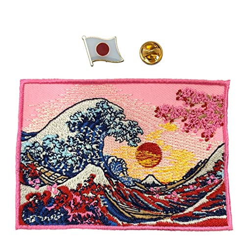 Écusson Kanagawa thermocollant pour réparer un vêtement troué avec un motif japonais
