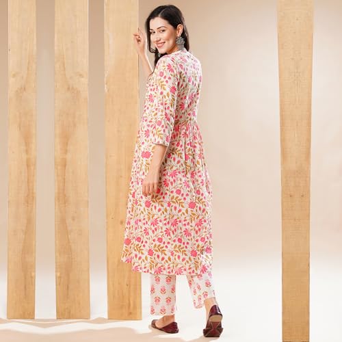 Image of Globus Women Ivory Floral Print A-Line Kurta Set With Trouser-3638388001