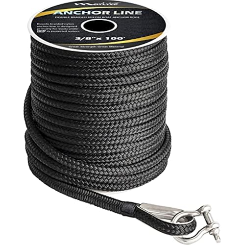 MARINE SYSTEM Made 3/8 Inch 100 FT 150 FT Black Grey Nylon Anchor Line Double Braided Anchor Rope/Line with Thimble (3/8" x 100' Black Nylon)