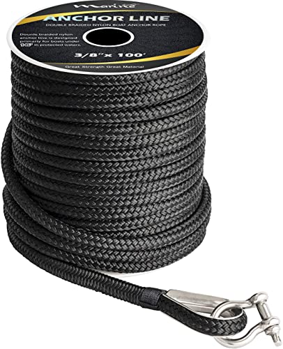 MARINE SYSTEM Made 3/8 Inch 100 FT 150 FT Black Grey Nylon Anchor Line Double Braided Anchor Rope/Line with Thimble (3/8