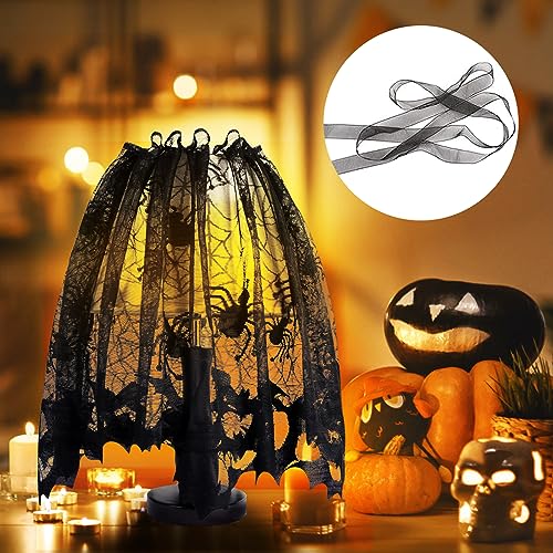 5Pack Halloween Decorations Indoor Halloween Decor Black Lace Table Runner Fireplace Mantel Scarf Round Tablecloth Cobweb Lampshade with 32 Pcs 3D Bat Wall Stickers 6