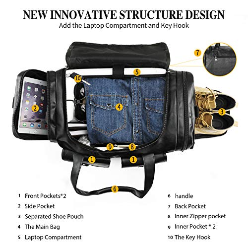 Zeroway Travel Duffel Bag with Shoe Pouch, PU leather Carry on Bag Weekender Overnight Bag for Men Women Black