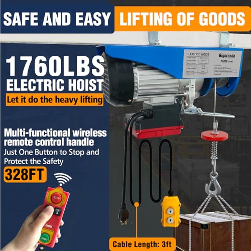 Bigorenda 1760lb Electric Hoist with Remote Control/Wired Control, Electric Hoist 2 in 1, 110v Electric Hoist with Single/Double Slings,65.6/33ft Lifting Height, for Factory Attic Garage Warehouse