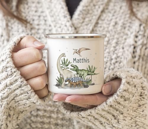 SpecialMe® Kinder-Tasse Emaille Dino mit Namen personalisiert Dinosaurier Namenstasse individuelle Geschenke Emaille-weiss-silber standard – Ansicht 5