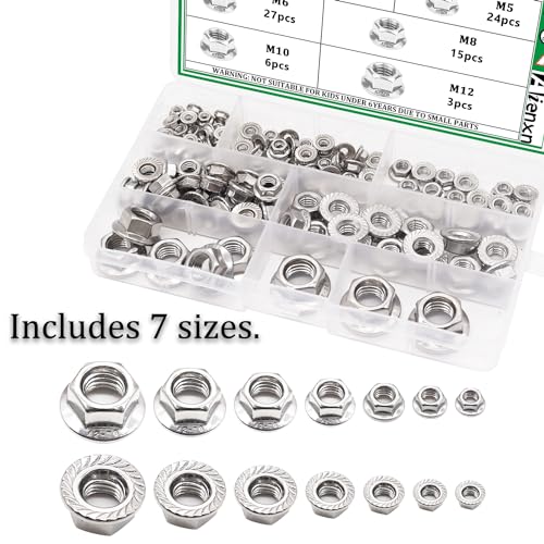 Aienxn Q-057-BOX 140Pcs 7 Metric Sizes 304 Stainless Steel Hex Flange Nuts Assortment Kit -M3 thumb #4