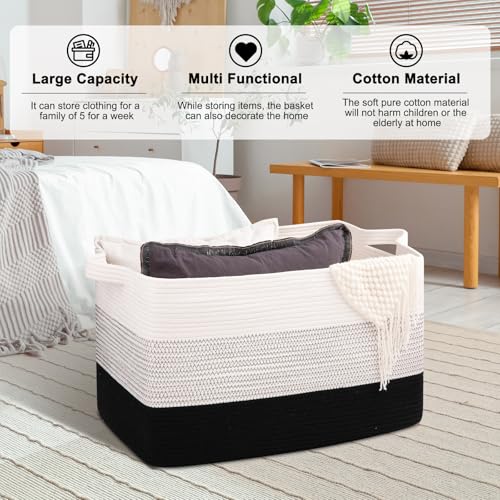 Image of OIAHOMY Extra Large Blanket Basket, 95L Cotton Rope Woven Laundry Basket, Toy Bin for Baby Room, Container for Blanket Storage in Living Room, 24''x17''x14'', Gradient Black