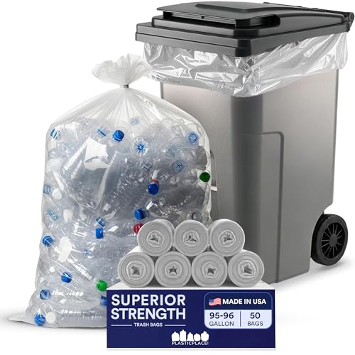 Plasticplace 95-96 Gallon Garbage Can Liners 1.5 Mil Clear Heavy Duty Trash Bags, 61 x 68”, 50 Count