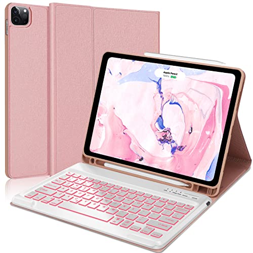 iPad Pro 12.9 Case with Keyboard for 2022 6th/2021 5th Gen | Protective Stand Cover Support Pencil Charging | 7 Color Backlit | Detachable Wireless Keyboard for iPad Pro 12.9 inch 4th/3rd Gen | Pink