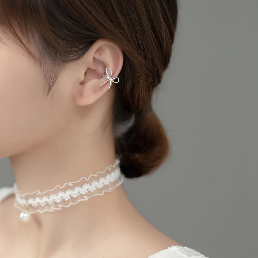 Reffeer Solid 925 Sterling Silver Bow Cuff Earrings Wraps for Women Teens Ribbon Bowknot Cuff Earrings Clip Ons - Image 2