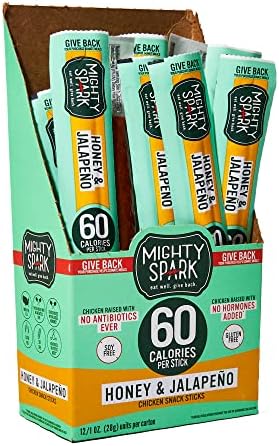 Mighty Spark Chicken Snack Sticks - Honey and Jalapeno - 6g of Protein, No Antibiotics Ever, No Hormones Added, Gluten Free, Soy Free Meat Sticks - High Protein Keto Snacks, Weight Watchers Approved Snacks - 12 Count
