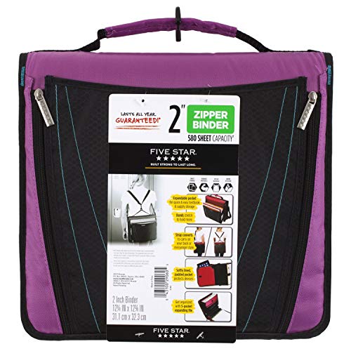 Five Star Zipper Binder, 2 Inch 3 Ring Binder, Expanding Pocket, Durable, Purple (73303)