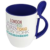 330 ml Füllvolumen Städtetasse Scheibenberg - Löffel-Tasse mit Motiv Famous Cities in the World - Becher, Kaffeetasse, Kaffeebecher, Mug - Blau