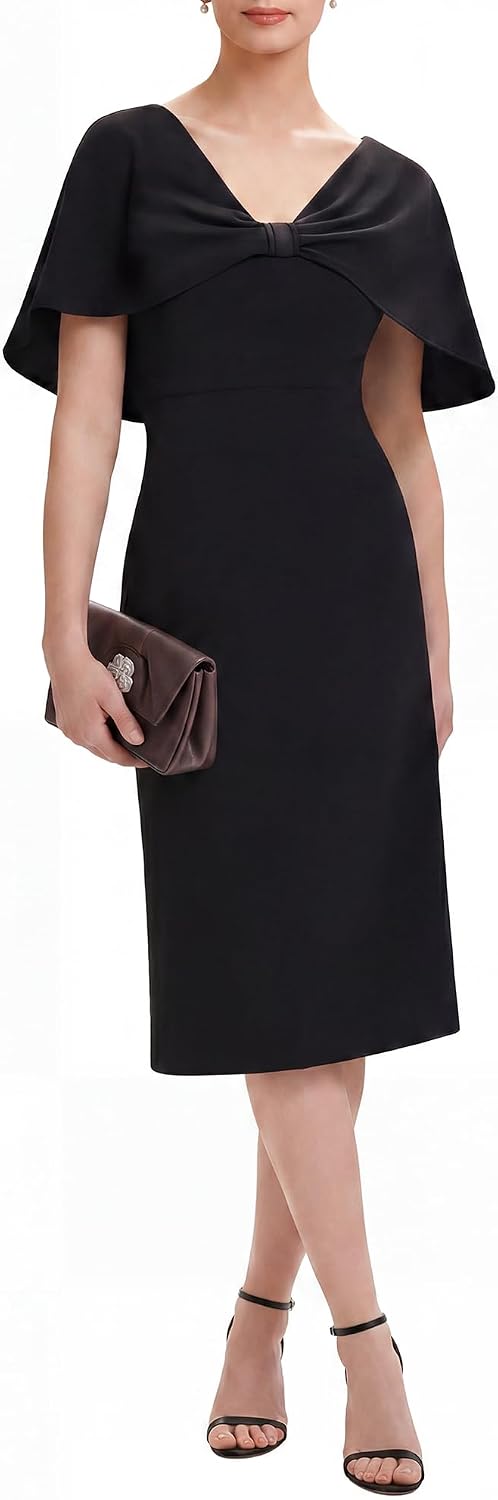 Ever-Pretty Women's V-Neck Cape Sleeves Cocktail Wedding Guest Dress Midi Stretchy Crepe Semi Formal Dresses 02688