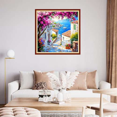 Image of Fanxvivy Stamped Cross Stitch Kits for Beginners Full Range of Cross Stitching Preprinted Embroidery Kits for Adults, 11CT Embroidery Pattern Needlepoint Kits-Seaside Scenery 18x18 inch