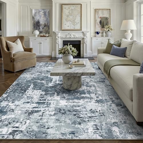 PureCozy 8x10 Washable Area Rug Beige Abstract Non Slip Carpet for Living Room Bedroom Soft Low Pile Neutral Modern Throw Indoor Large Rug Office Dining Room