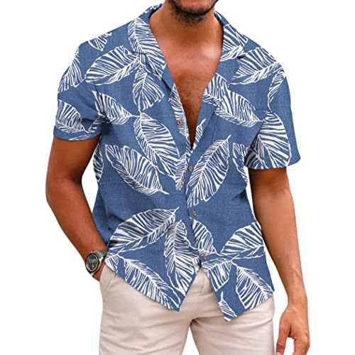 COOFANDY Men's Hawaiian Floral Shirts Cotton Linen Button Down Tropical Holiday Beach Shirts Small Palm Leaf-denim Blue