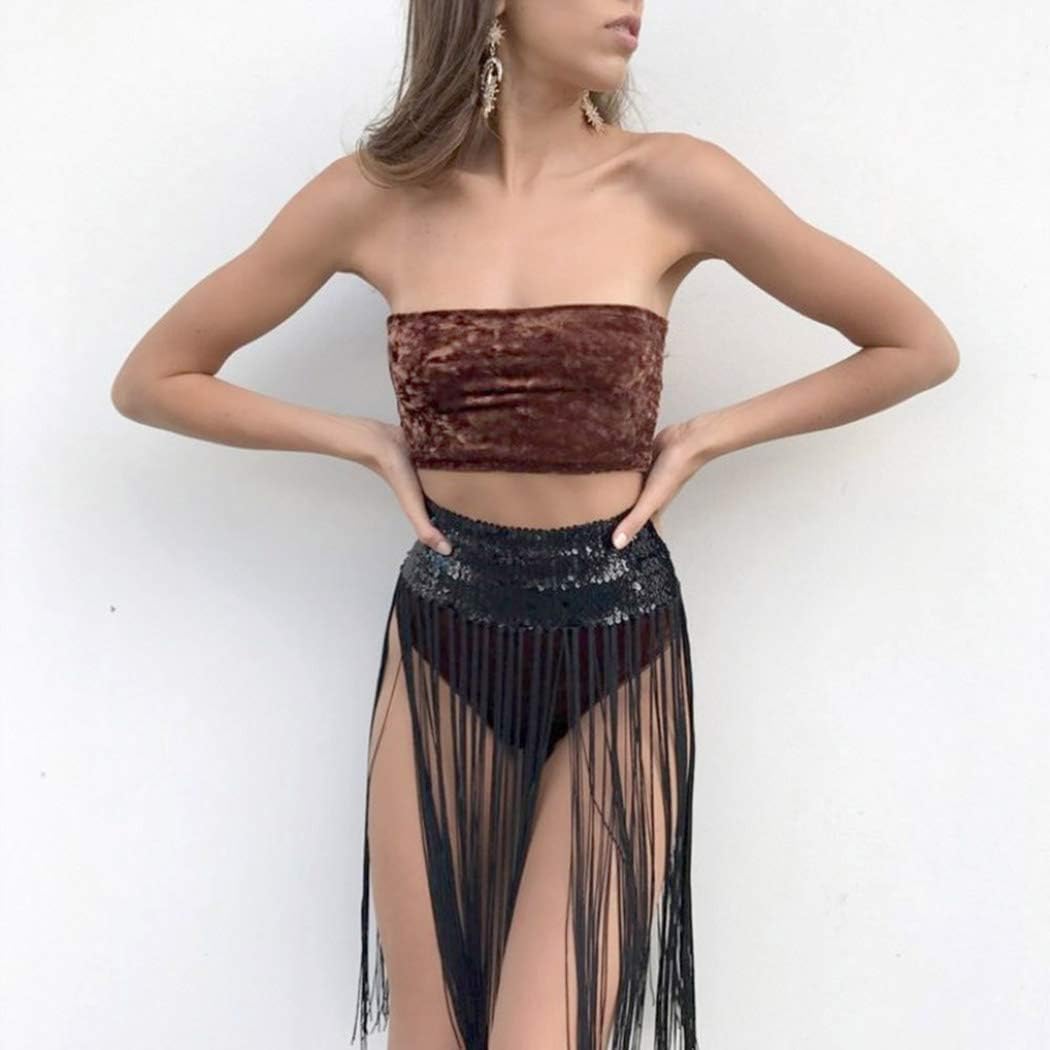 Reetan Sequins Belly Skirt Black Tassel Belly Dance Hip Scarf Glitter Elastic Fringe Skirt Wrap Party Dance Performance Costume for Women and Girls : Clothing, Shoes & Jewelry