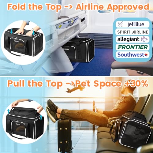 Image of Petskd Top-Expandable Pet Carrier 17x12x8.5 Inches JetBlue Frontier Spirit Airline Approved, Soft-Sided Carrier for Small Cats and Dogs with Locking Safety Zippers and Anti-Scratch Mesh(Black)