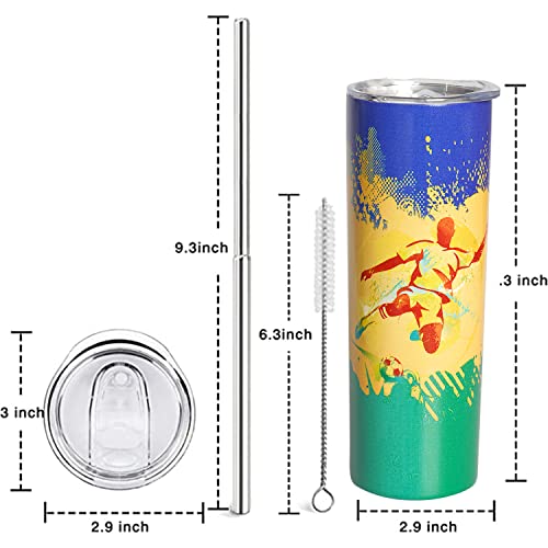 20 Oz Soccer Print Skinny Insulated Stainless Steel World Soccer Tumbler Cup With Straw & Lid Metal Double Wall Vacuum Travel Coffee Mug Gift For Soccer Fans #TOP5