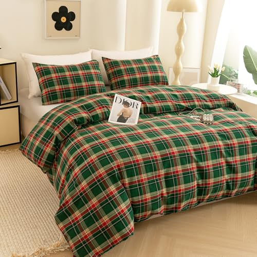 Image of ECOCOTT Buffalo Plaid Duvet Cover King Size- 3 Piece Green Checkered Bedding Set, 100% Washed Cotton, Soft Breathable Reversible Design with Zipper Closure & Corner Ties