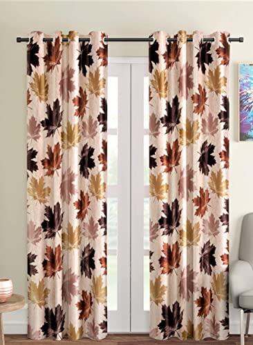 Image of HUTI 7 Feet Brown Door Curtain Set of 2 | Semi Transparent Leaf Printed Curtain | Light Filtering Polyester | Eyelet Curtains for Living Room & Bedroom 4x7 ft (120 x 213 cm) | Perfect for Home Decor